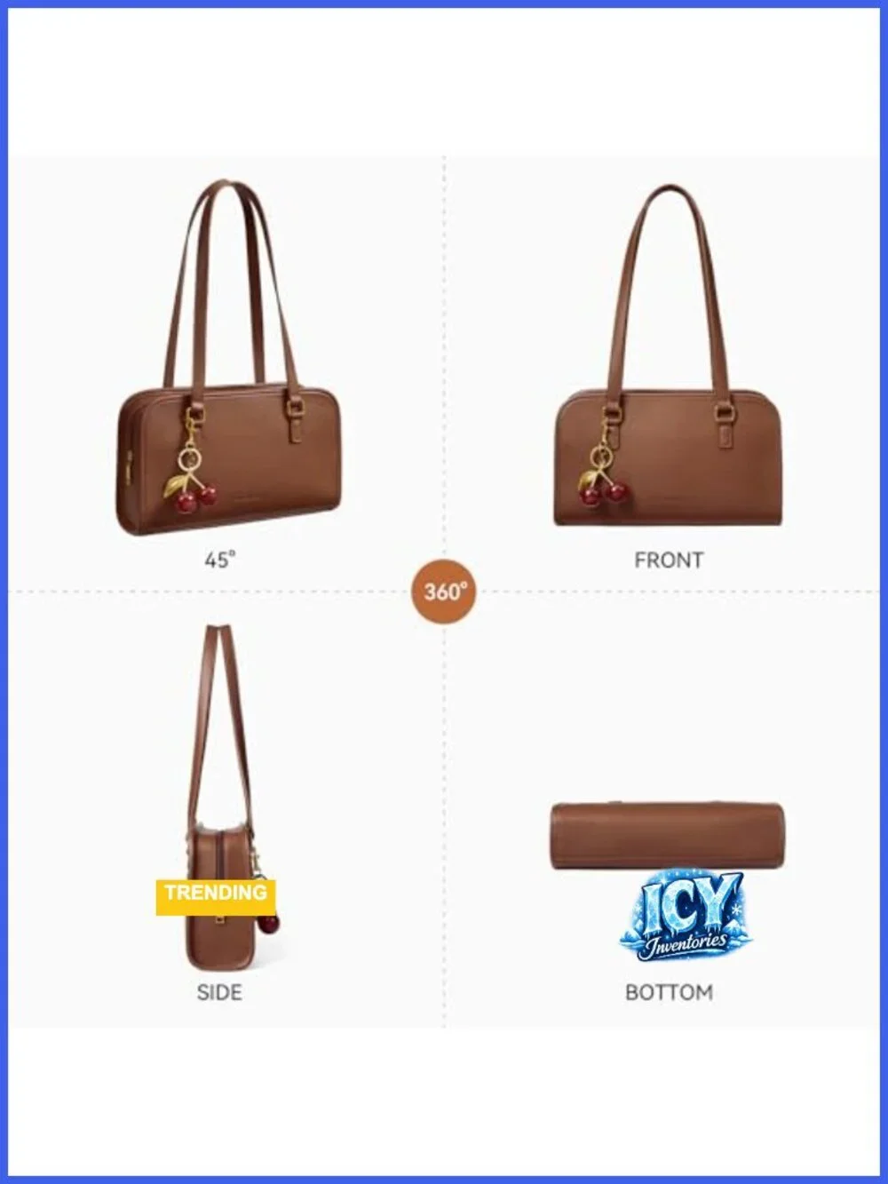 Vegan Leather Cherry Charm Shoulder Bag Gold Hardware Medium Structured Handbag